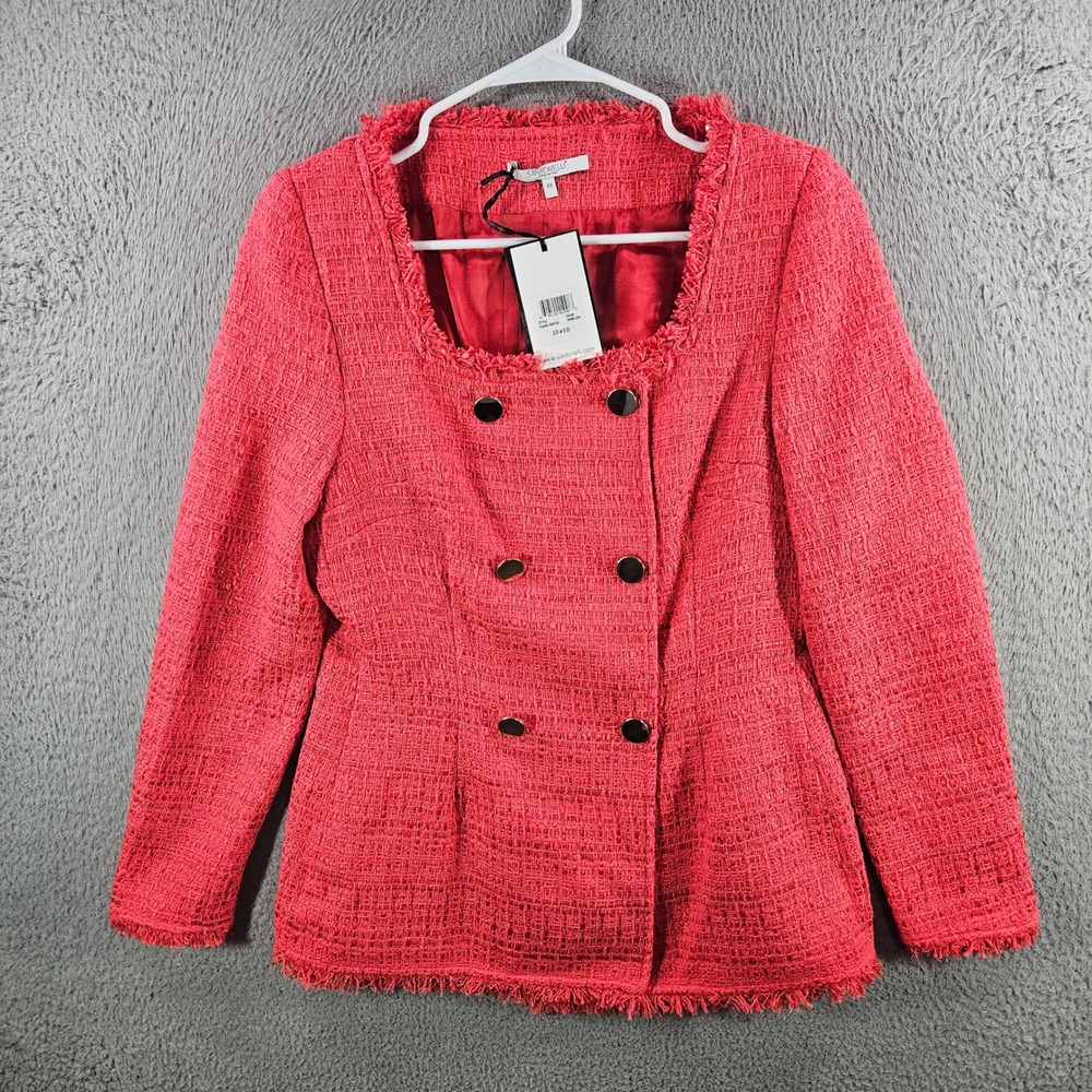 Santorelli Elara Vermilion Red Tweed Fringe Blazer Jacket Italy Size 44 US 8 NWT